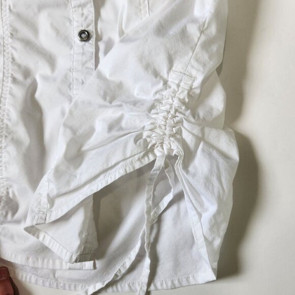 Gramicci Button Up Shirt Womens XS White Roll Tab Sleeves Ruched Sides Outdoor - Picture 5 of 11